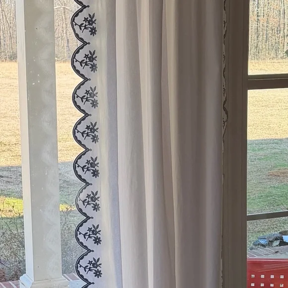 Pottery Barn Teen Ivory Curtain with Midnight Blue Floral Edge - Picture 3 of 6